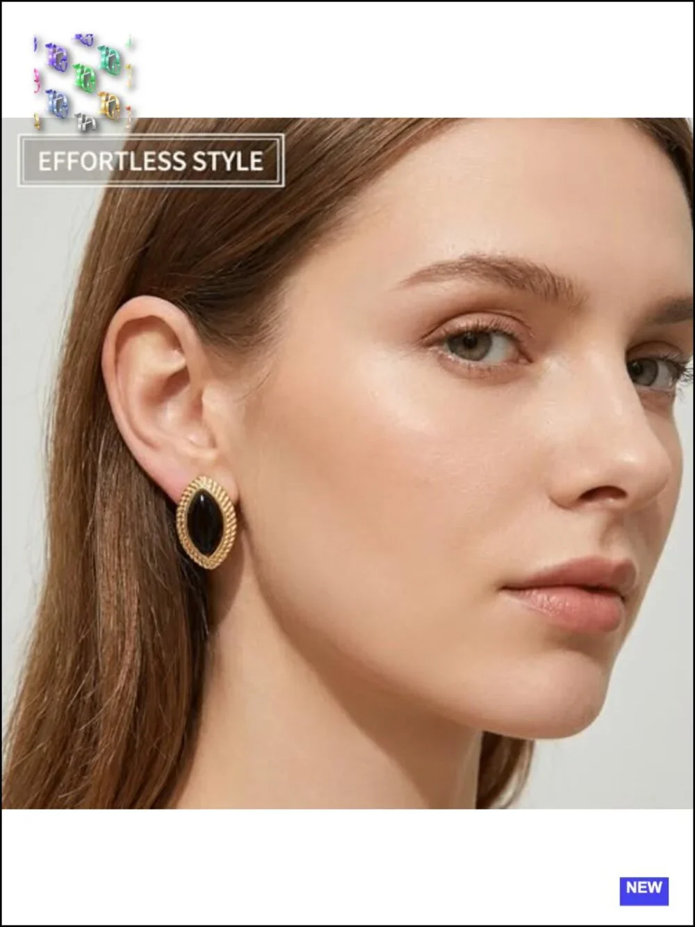 Oval Geometric Black Glass Dangle Earrings with Gold Bezel